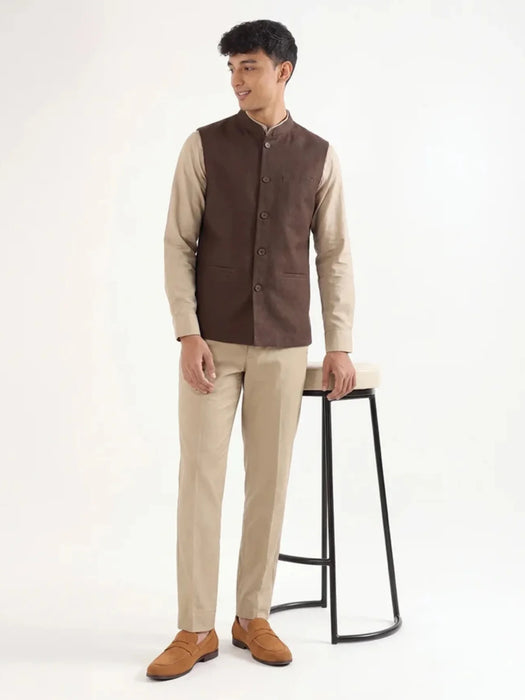 Men Dark Brown Airy Linen Nehru Jacket
