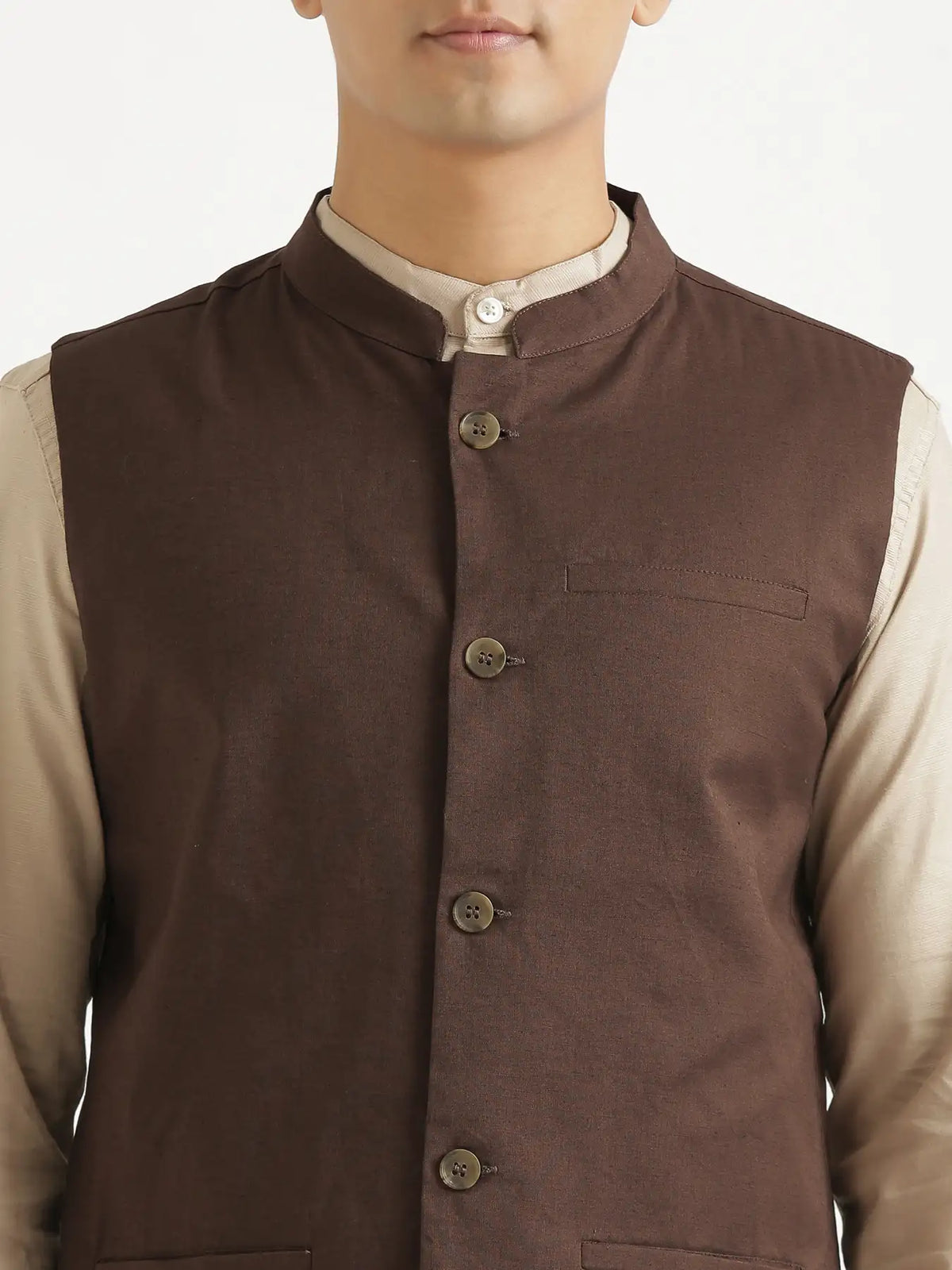 Men Dark Brown Airy Linen Nehru Jacket