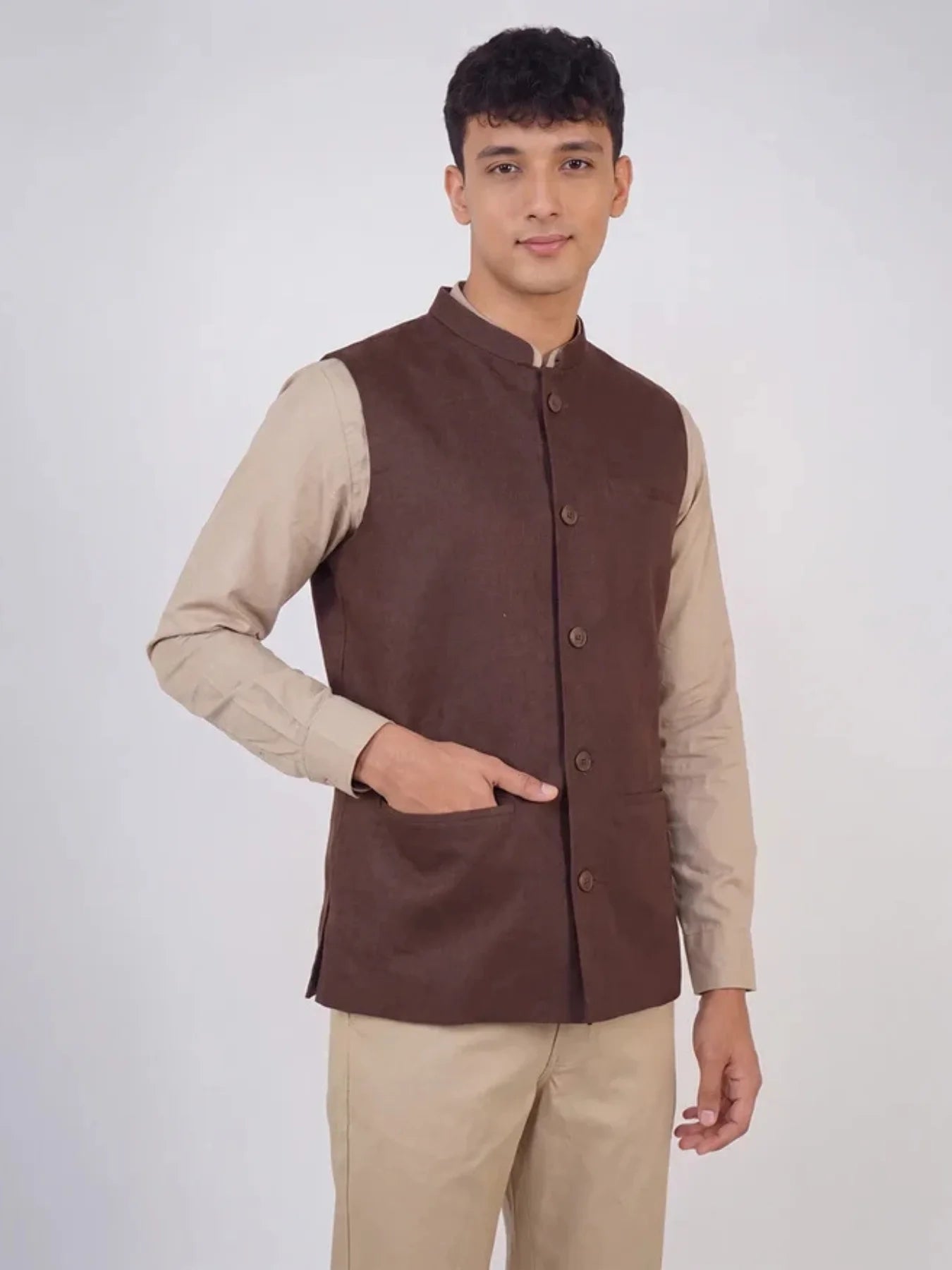 Men Dark Brown Airy Linen Nehru Jacket