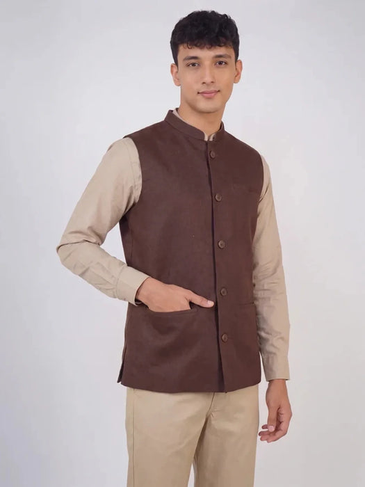 Men Dark Brown Airy Linen Nehru Jacket