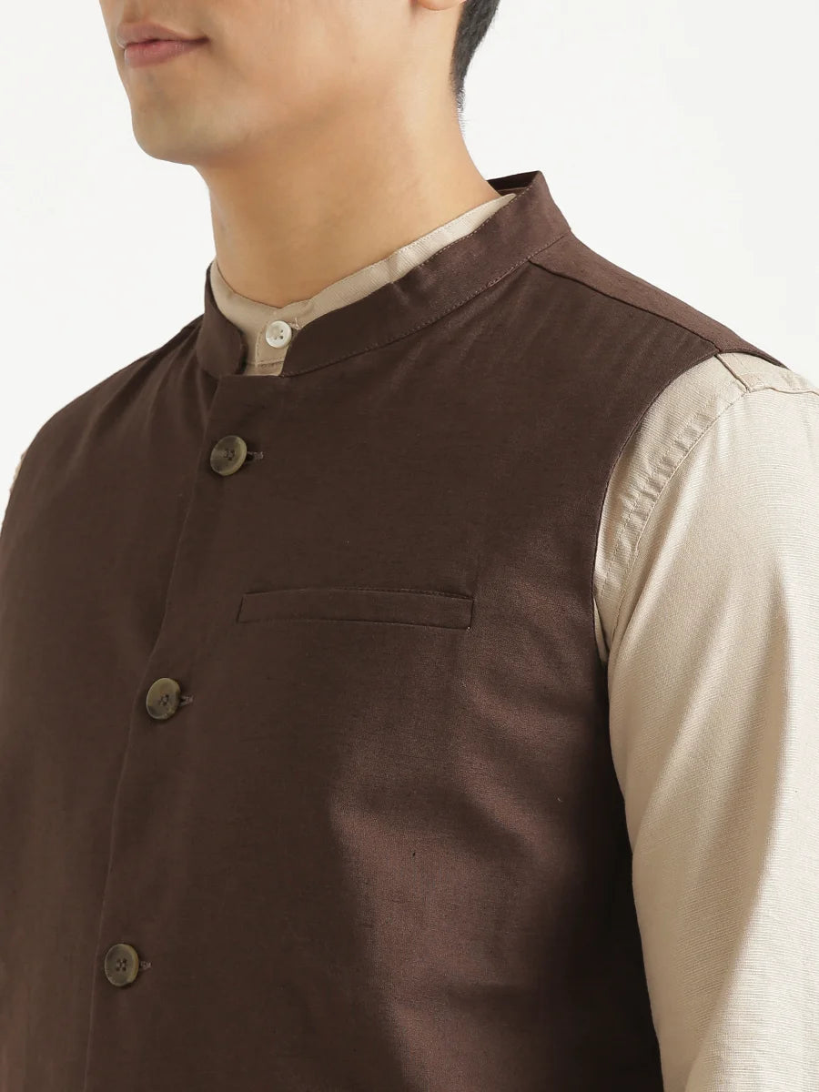 Men Dark Brown Airy Linen Nehru Jacket