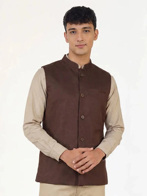 Men Dark Brown Airy Linen Nehru Jacket