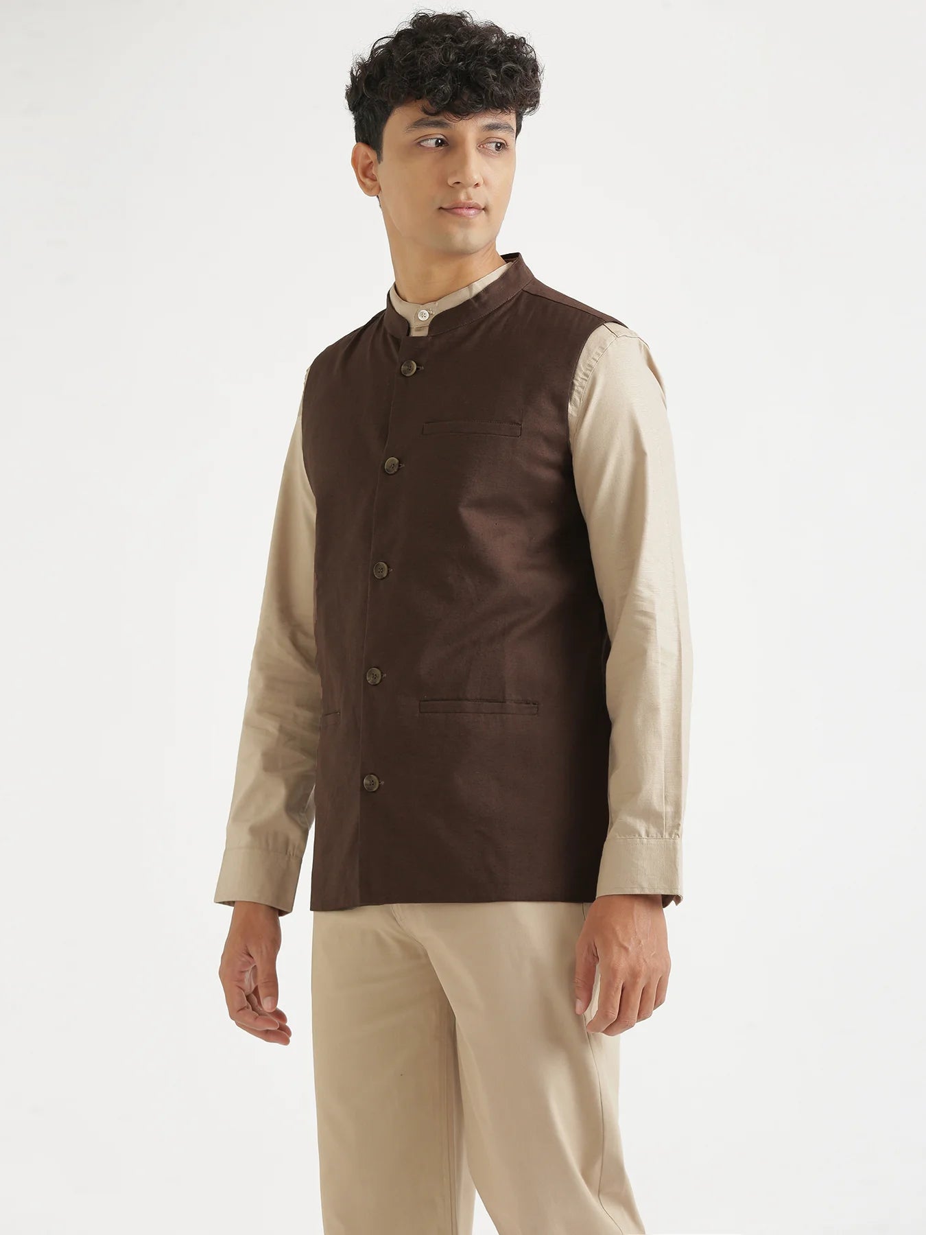 Men Dark Brown Airy Linen Nehru Jacket