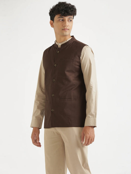 Men Dark Brown Airy Linen Nehru Jacket