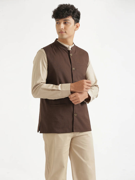 Men Dark Brown Airy Linen Nehru Jacket