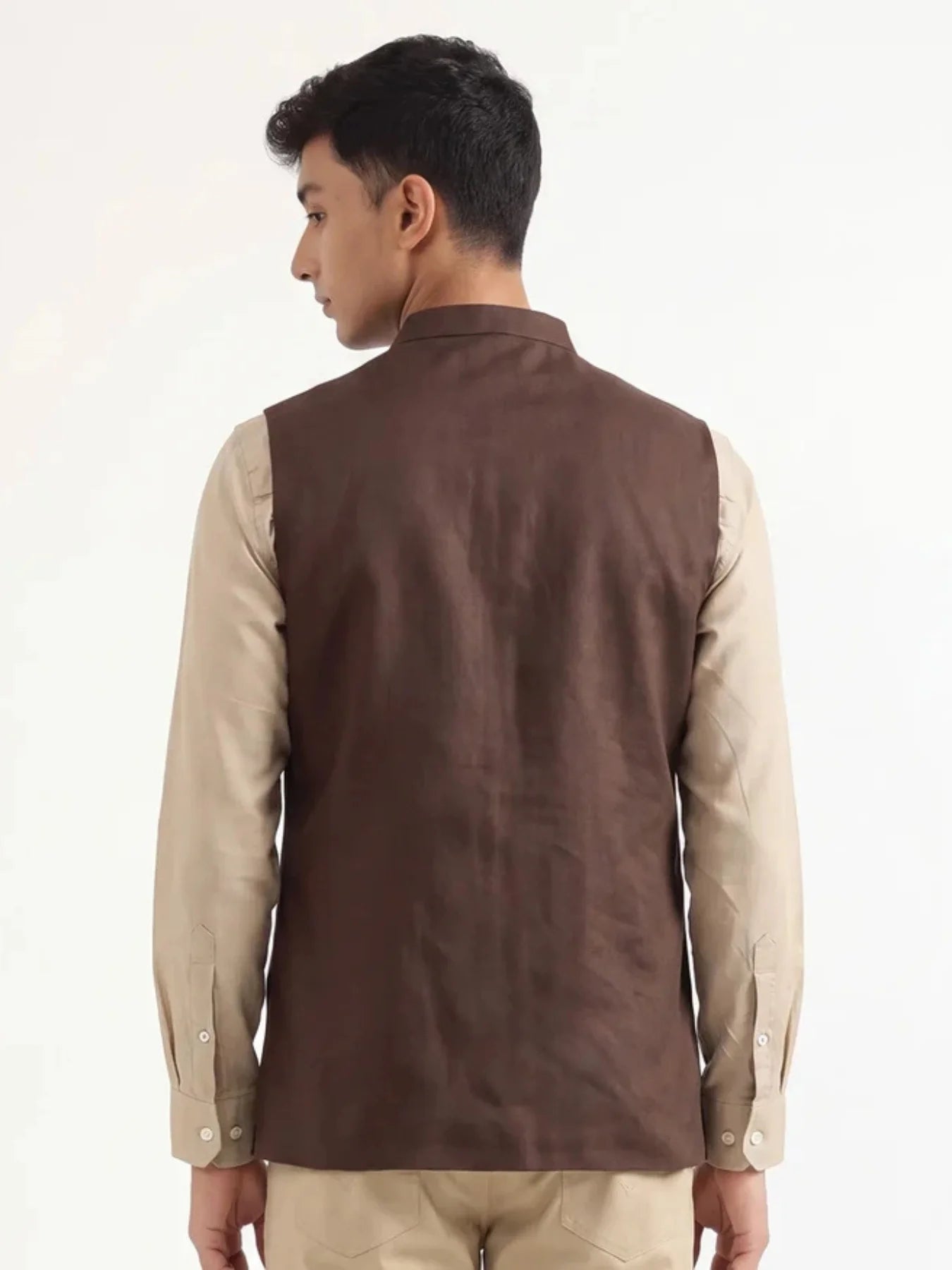 Men Dark Brown Airy Linen Nehru Jacket