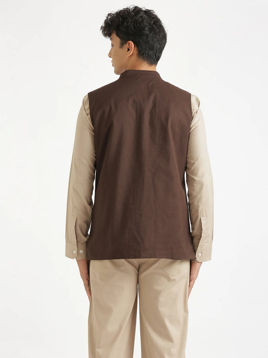 Men Dark Brown Airy Linen Nehru Jacket