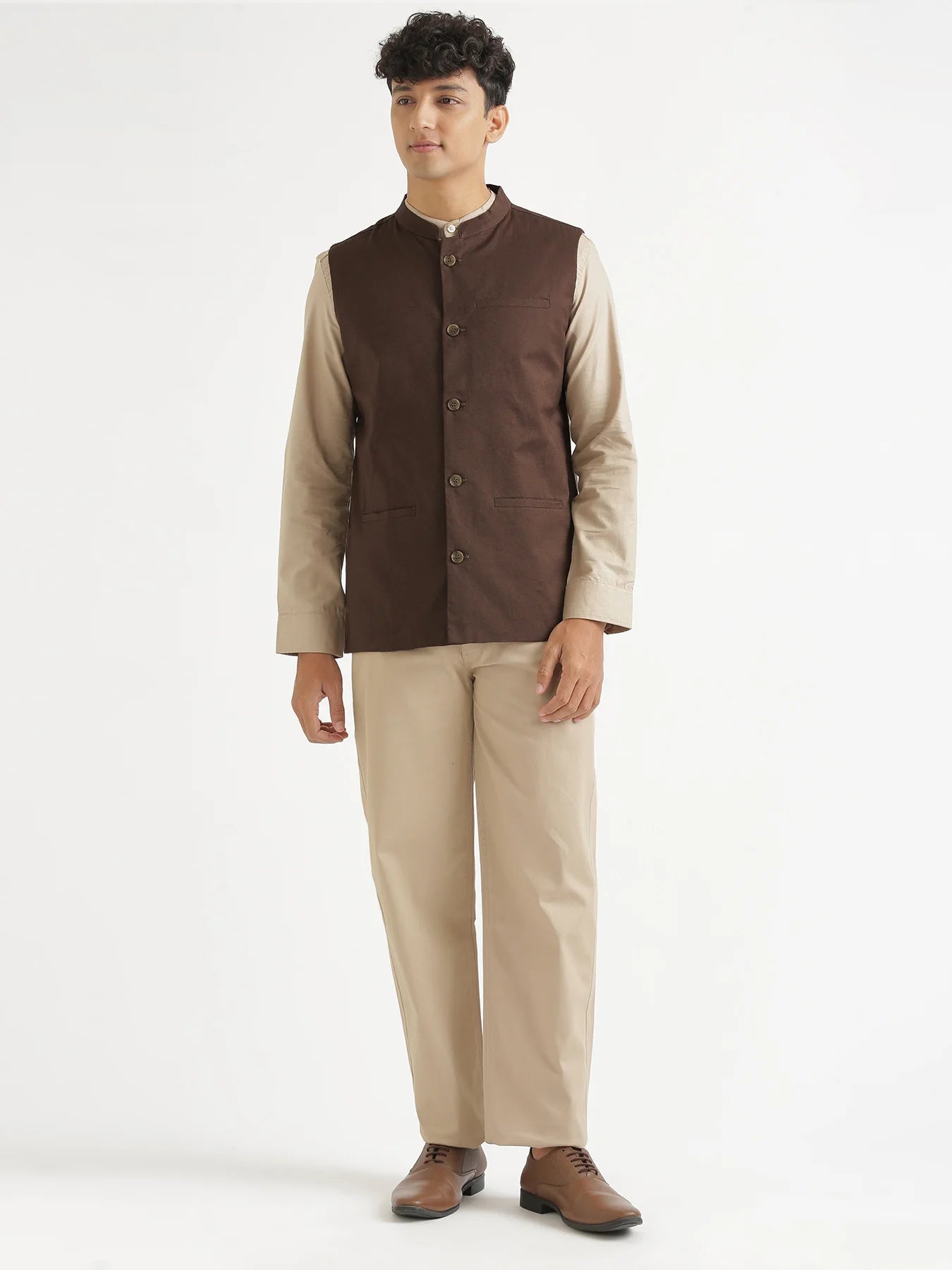Men Dark Brown Airy Linen Nehru Jacket