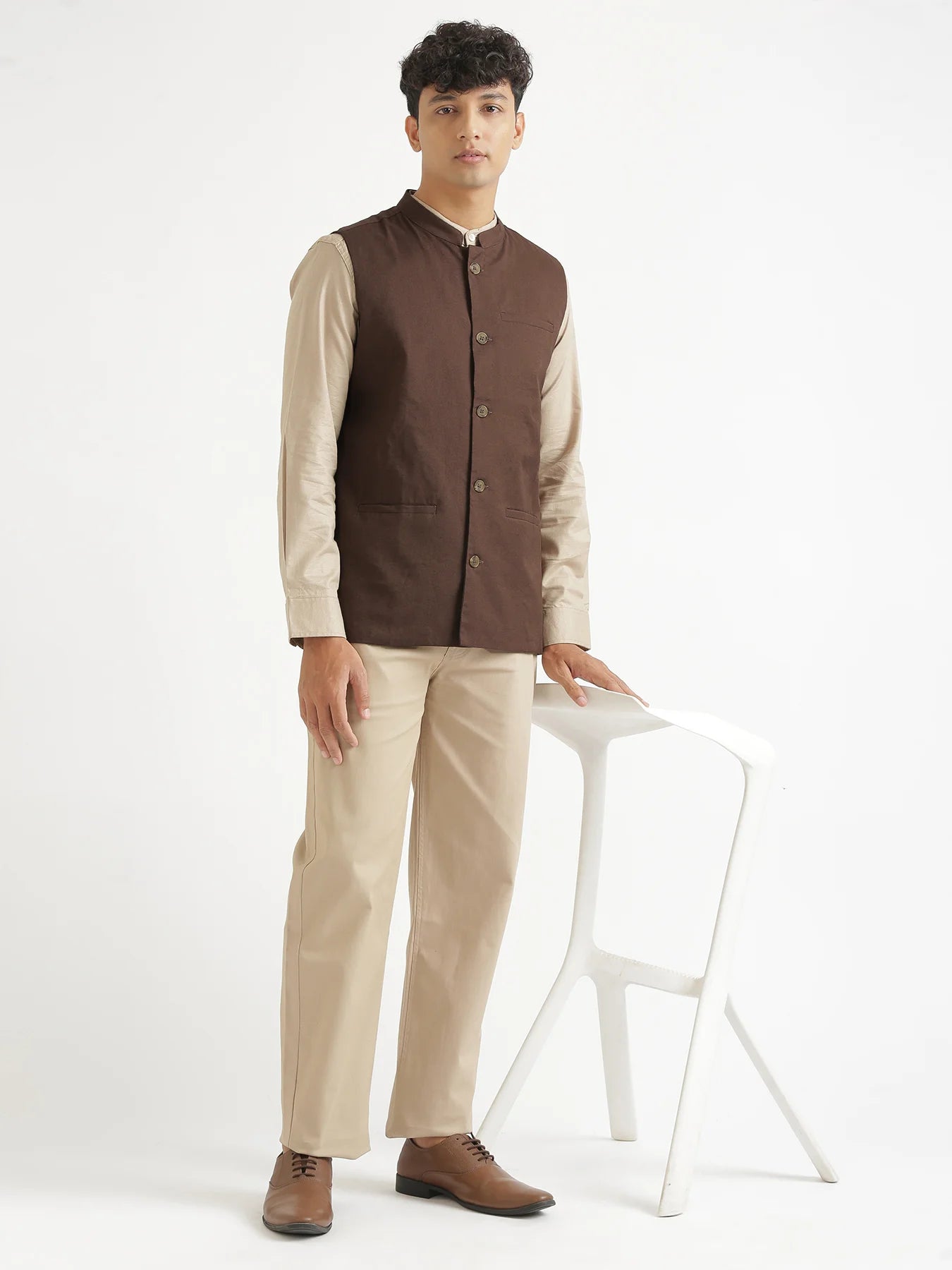 Men Dark Brown Airy Linen Nehru Jacket