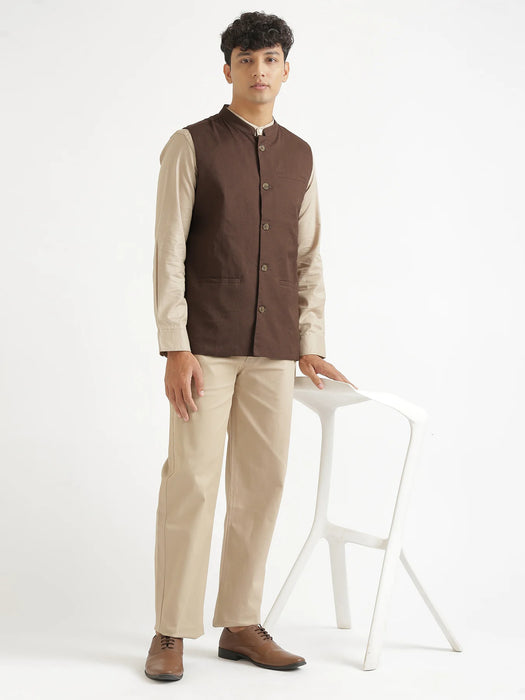 Men Dark Brown Airy Linen Nehru Jacket