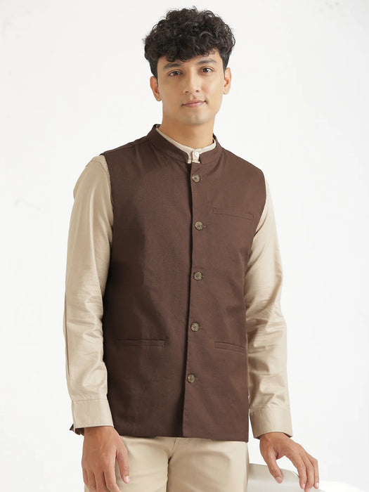 Men Dark Brown Airy Linen Nehru Jacket
