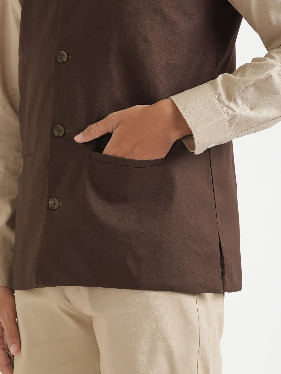 Men Dark Brown Airy Linen Nehru Jacket
