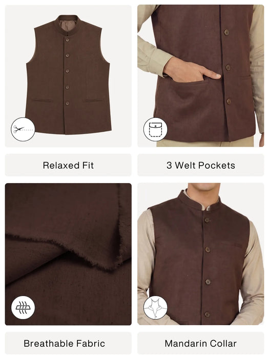 Men Dark Brown Airy Linen Nehru Jacket