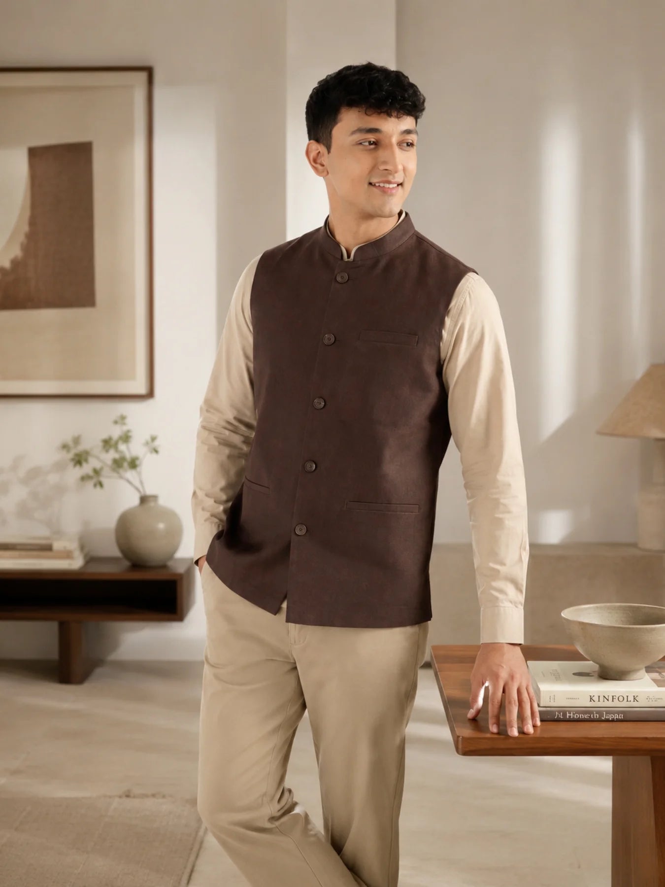 Men Dark Brown Airy Linen Nehru Jacket