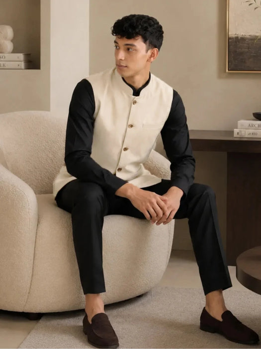 Men Fawn Airy Linen Nehru Jacket