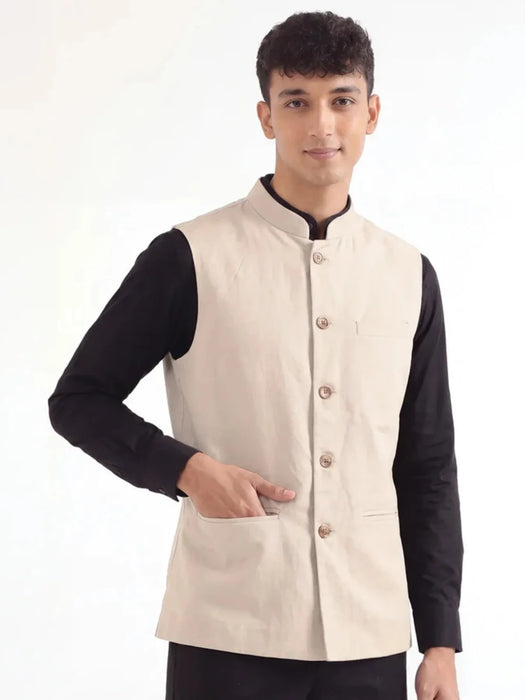 Men Fawn Airy Linen Nehru Jacket