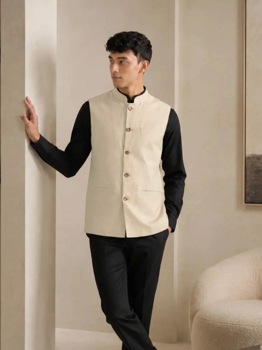 Men Fawn Airy Linen Nehru Jacket