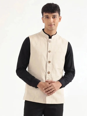 Men Fawn Airy Linen Nehru Jacket