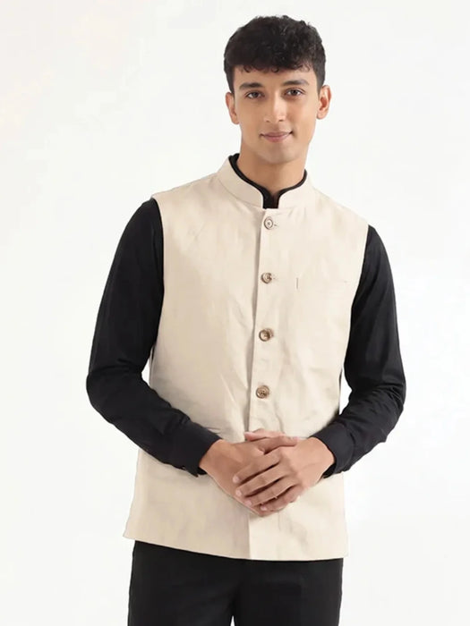 Men Fawn Airy Linen Nehru Jacket