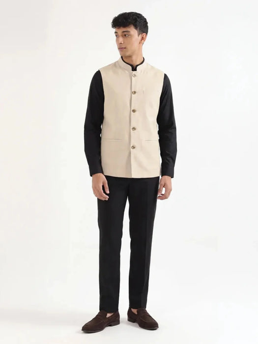 Men Fawn Airy Linen Nehru Jacket