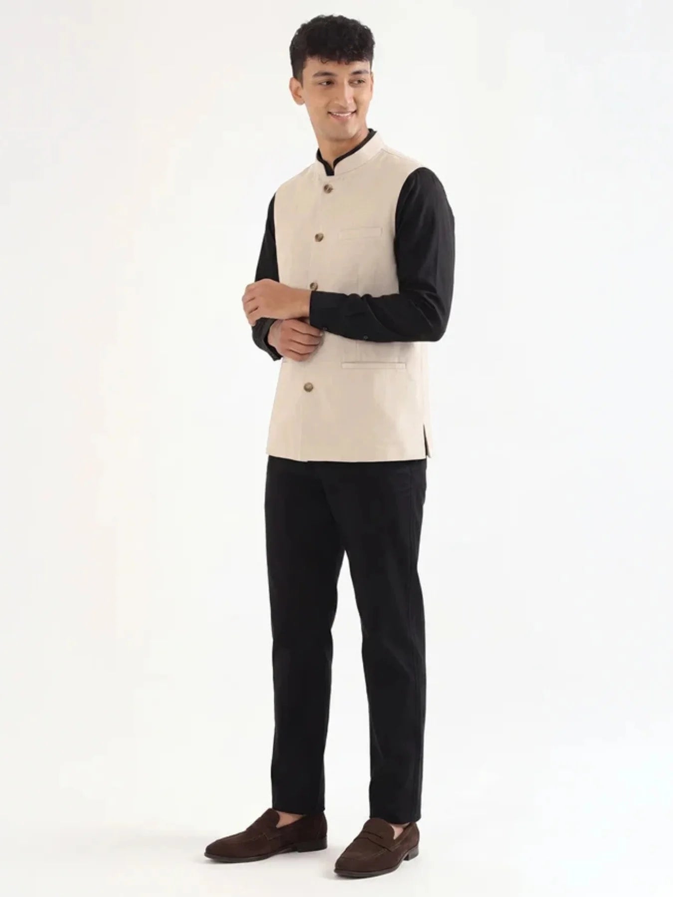 Men Fawn Airy Linen Nehru Jacket