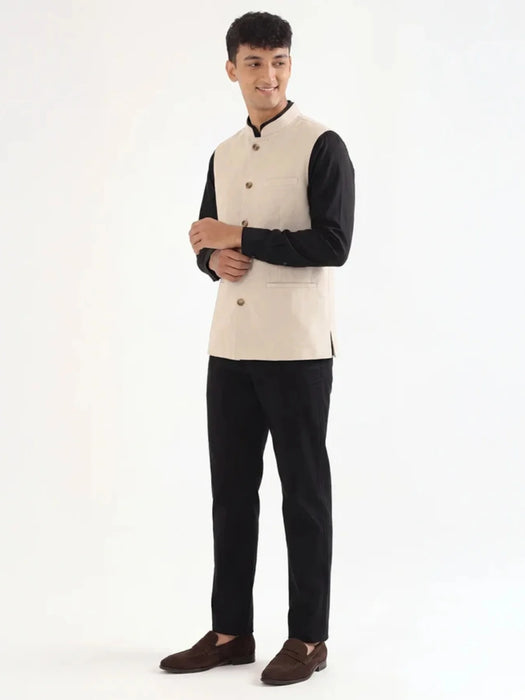Men Fawn Airy Linen Nehru Jacket