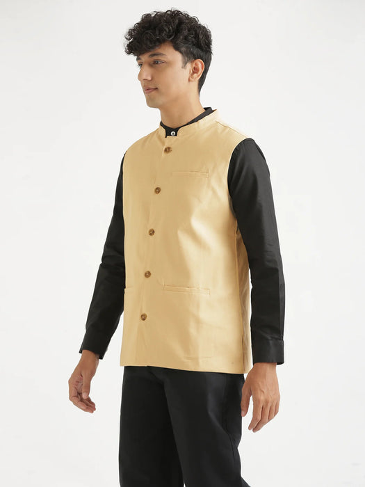 Men Fawn Airy Linen Nehru Jacket