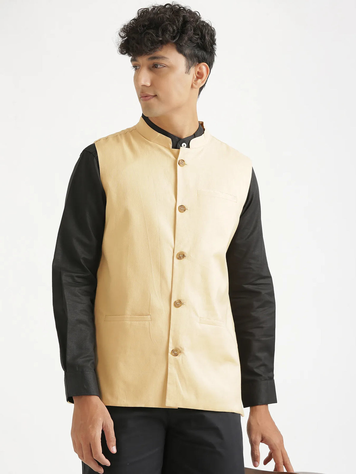 Men Fawn Airy Linen Nehru Jacket