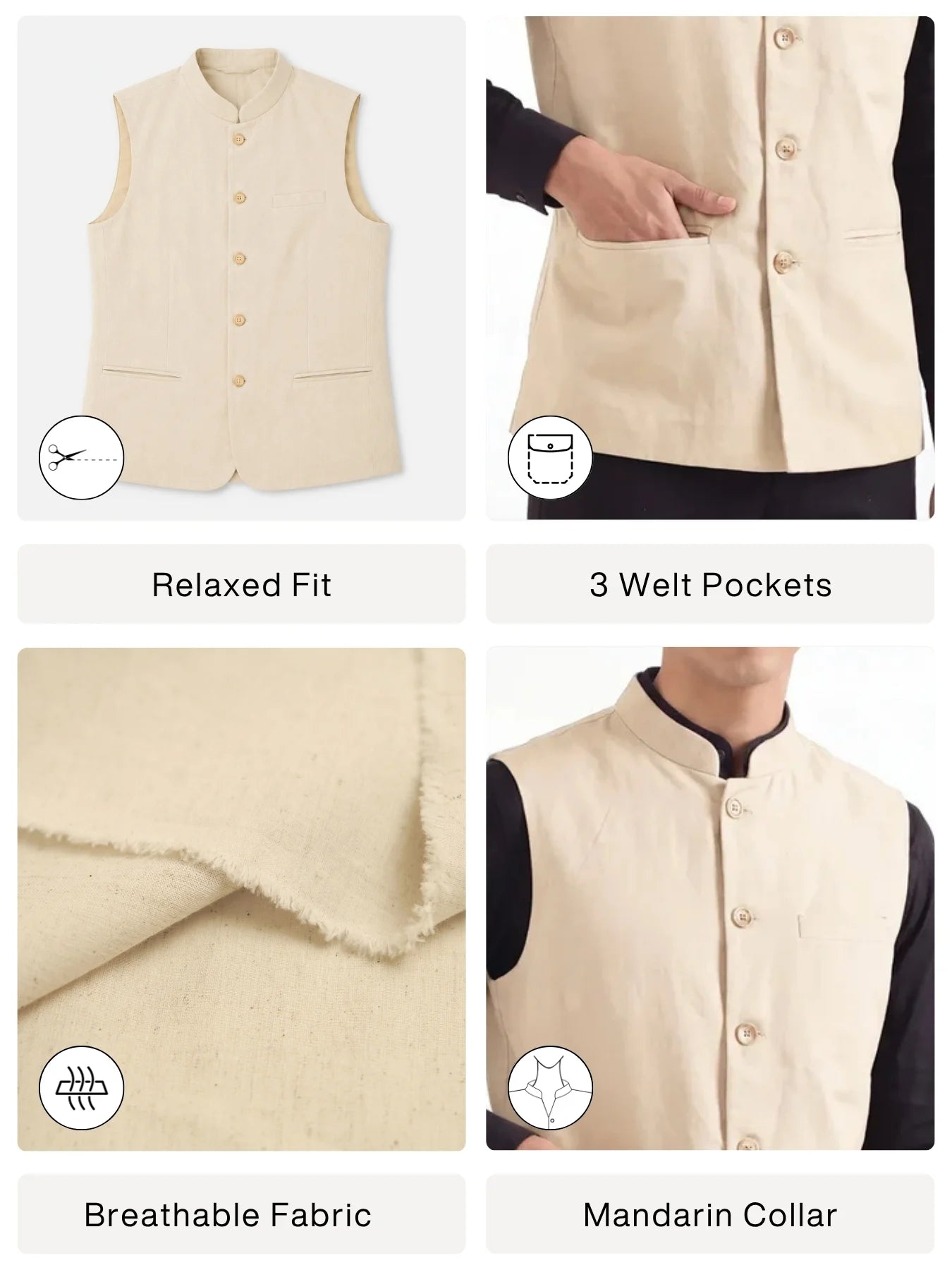 Men Fawn Airy Linen Nehru Jacket