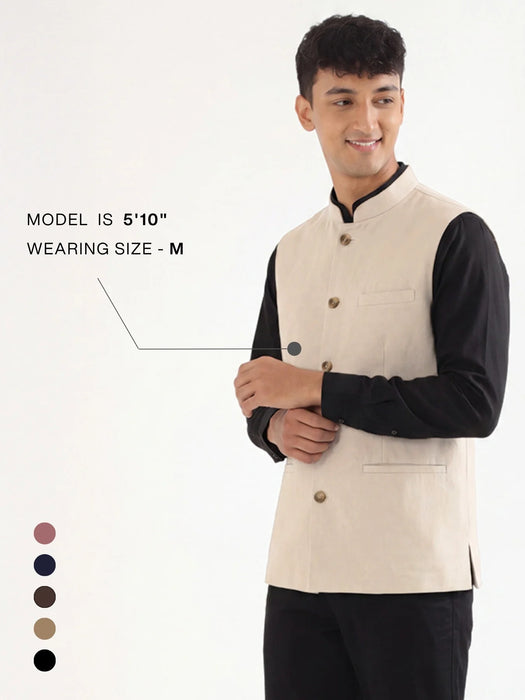 Men Fawn Airy Linen Nehru Jacket