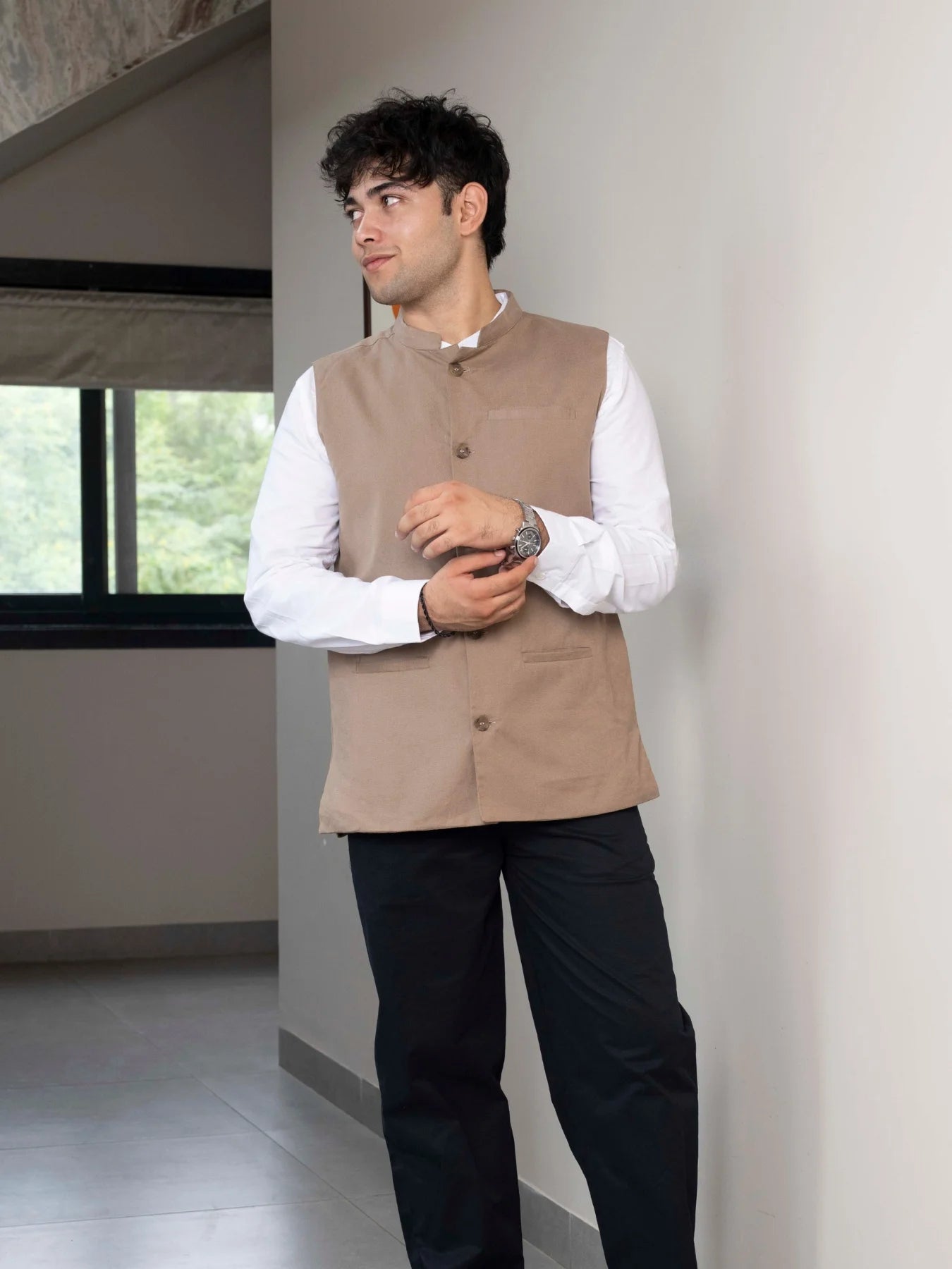 Men Khakhi Airy Linen Nehru Jacket