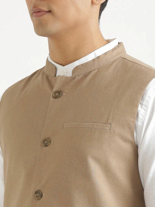 Men Khakhi Airy Linen Nehru Jacket
