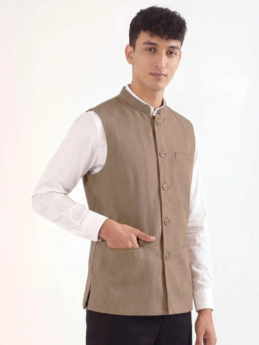 Men Khakhi Airy Linen Nehru Jacket