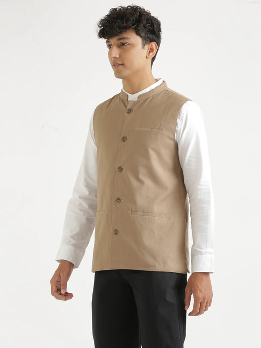 Men Khakhi Airy Linen Nehru Jacket