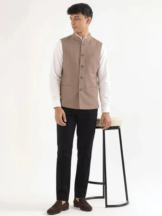 Men Khakhi Airy Linen Nehru Jacket
