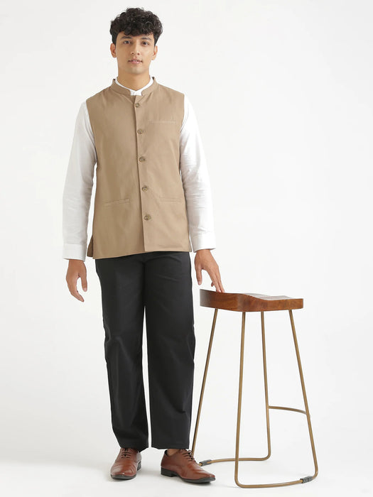 Men Khakhi Airy Linen Nehru Jacket