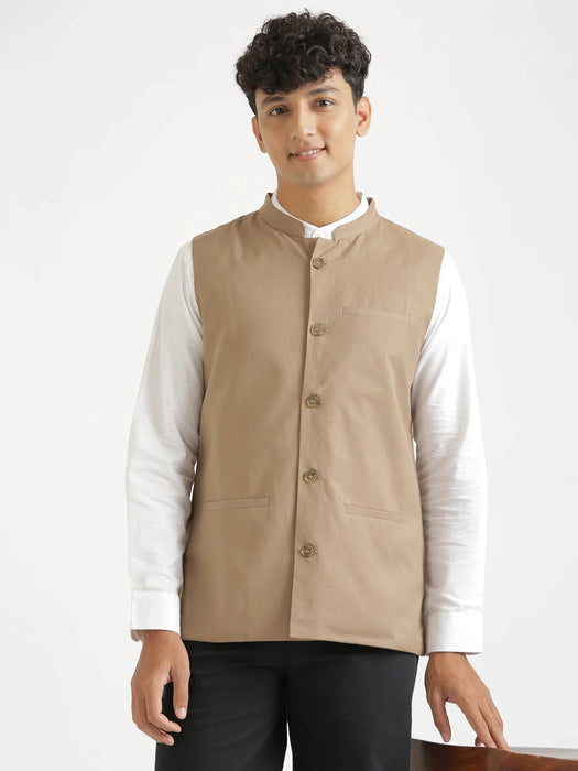 Men Khakhi Airy Linen Nehru Jacket
