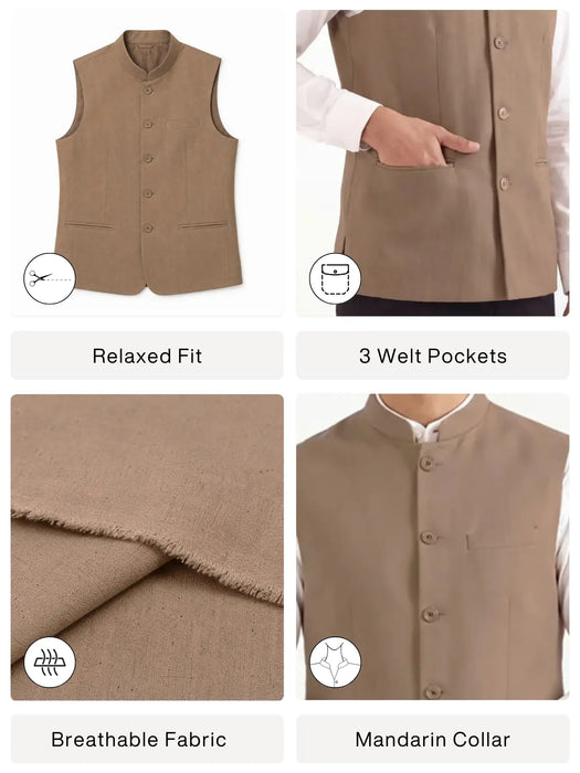 Men Khakhi Airy Linen Nehru Jacket