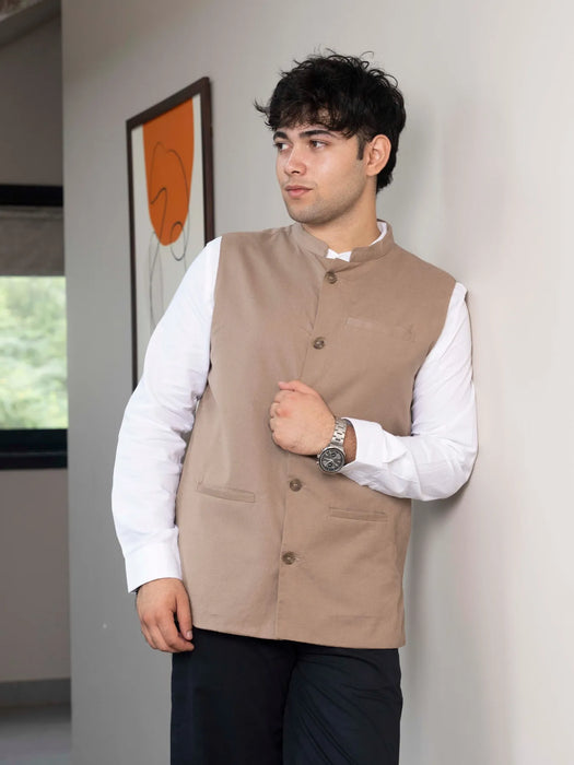 Men Khakhi Airy Linen Nehru Jacket