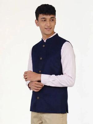 Men Navy Blue Airy Linen Nehru Jacket