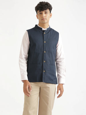 Men Navy Blue Airy Linen Nehru Jacket