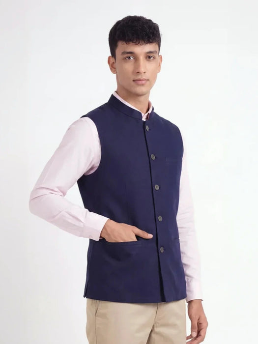 Men Navy Blue Airy Linen Nehru Jacket