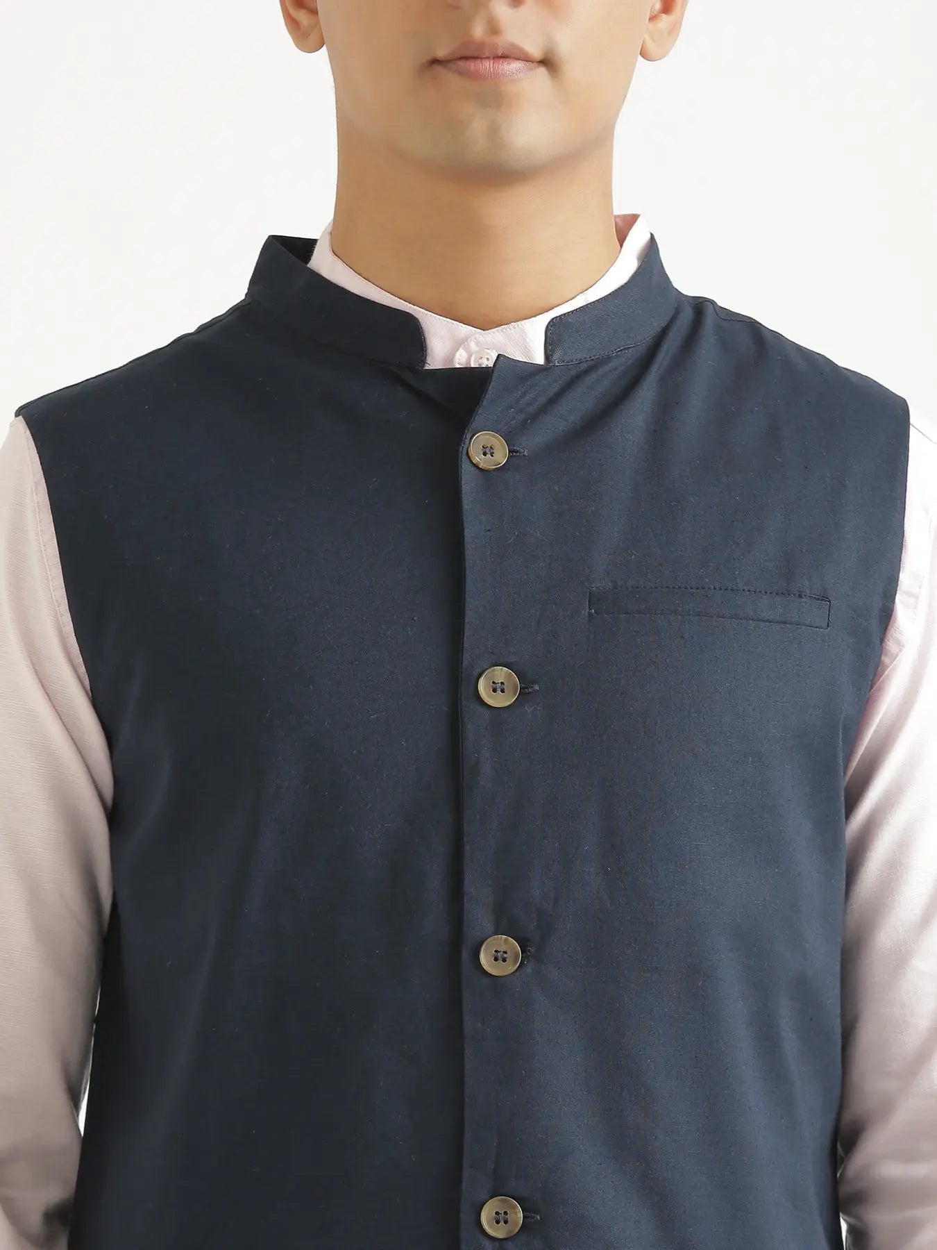 Men Navy Blue Airy Linen Nehru Jacket