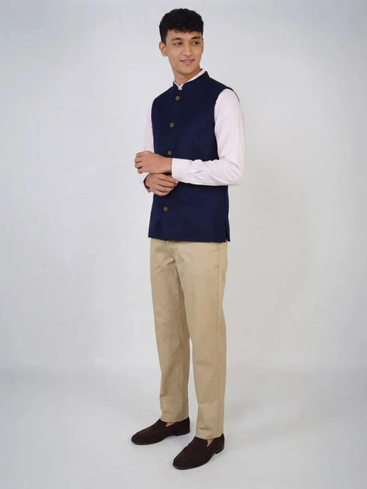 Men Navy Blue Airy Linen Nehru Jacket