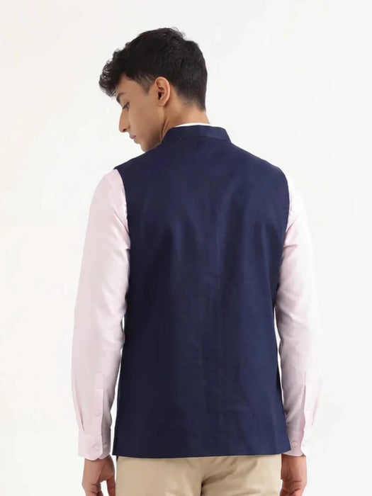 Men Navy Blue Airy Linen Nehru Jacket