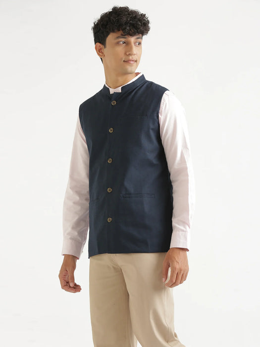 Men Navy Blue Airy Linen Nehru Jacket