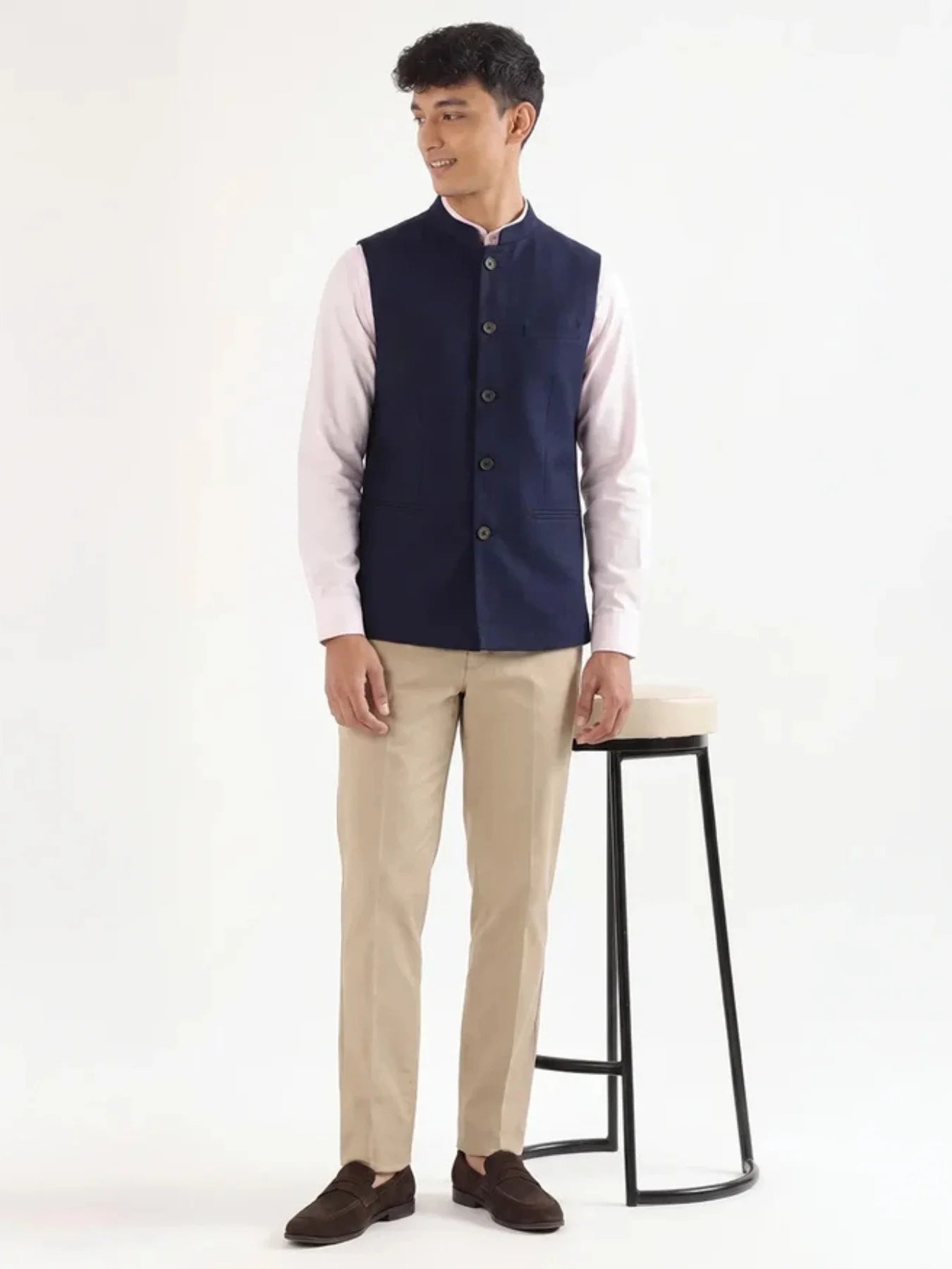 Men Navy Blue Airy Linen Nehru Jacket