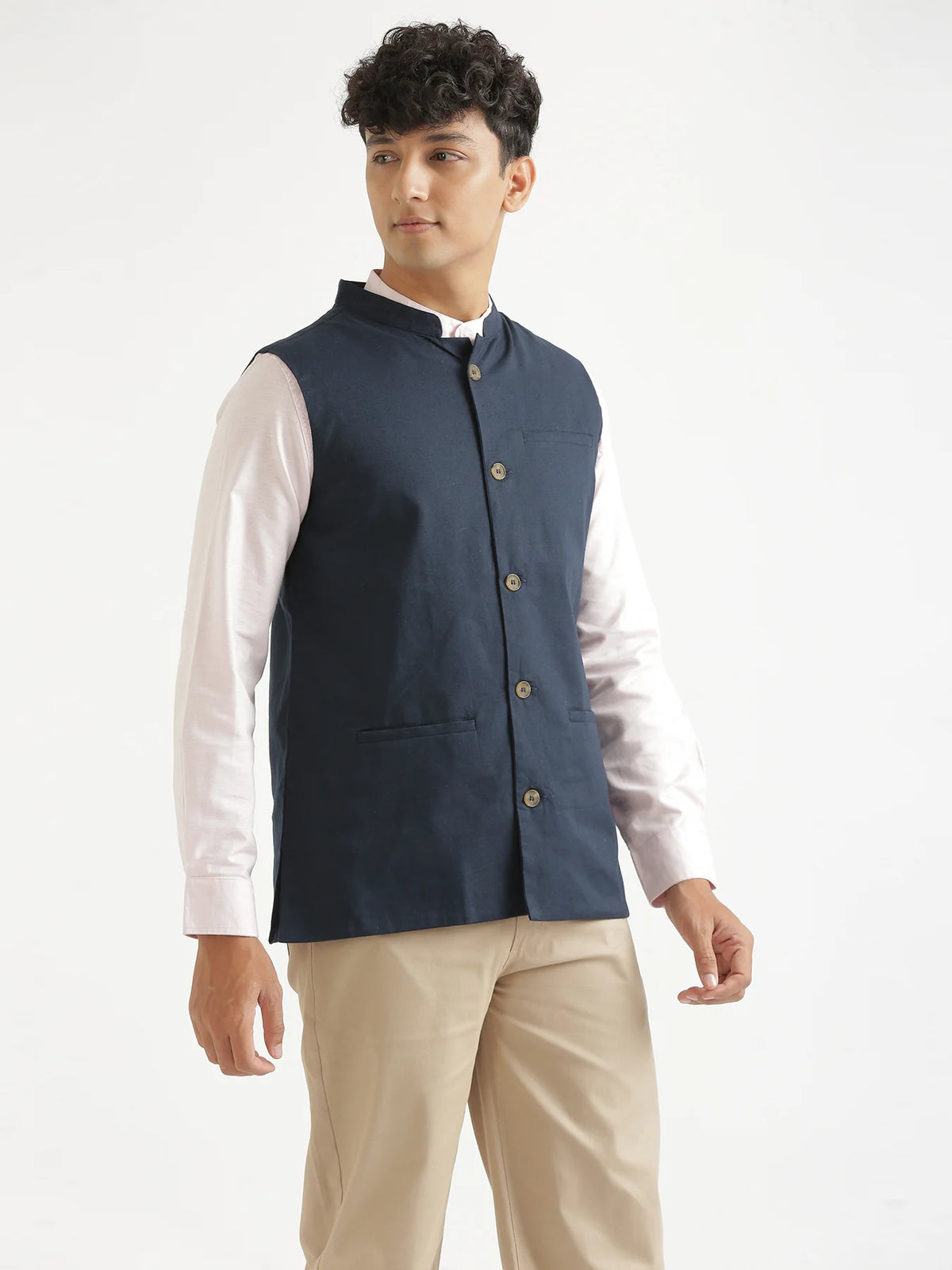 Men Navy Blue Airy Linen Nehru Jacket
