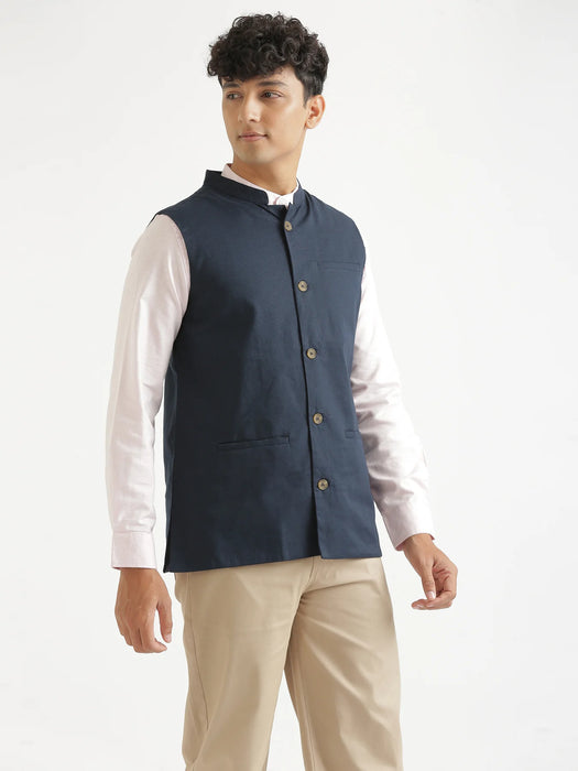 Men Navy Blue Airy Linen Nehru Jacket