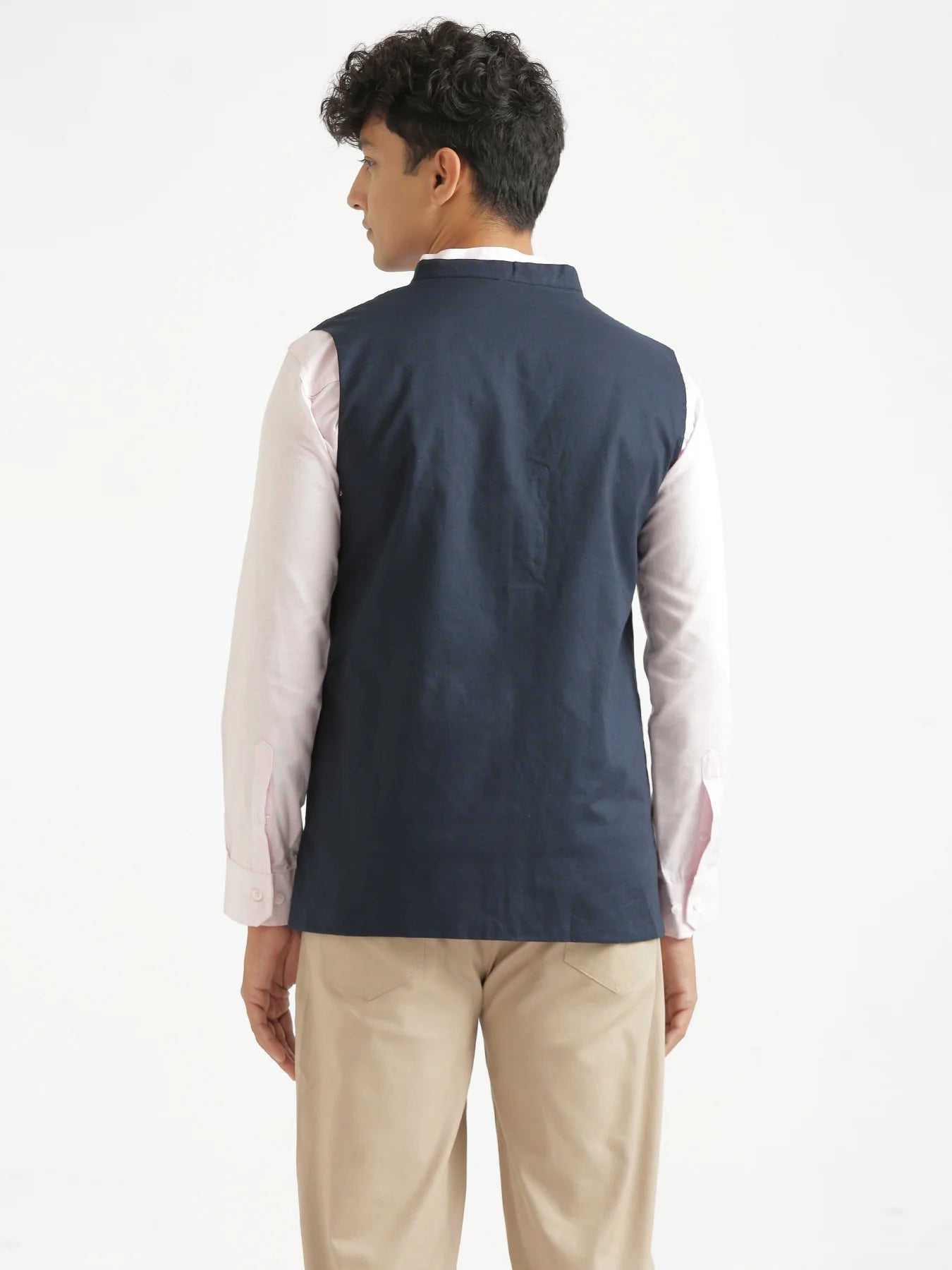 Men Navy Blue Airy Linen Nehru Jacket